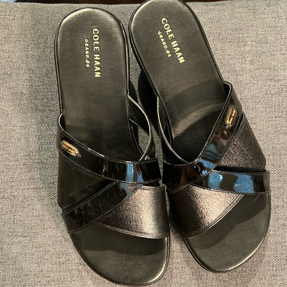 Beautiful Cole Haan patent and matte black wedge sandals